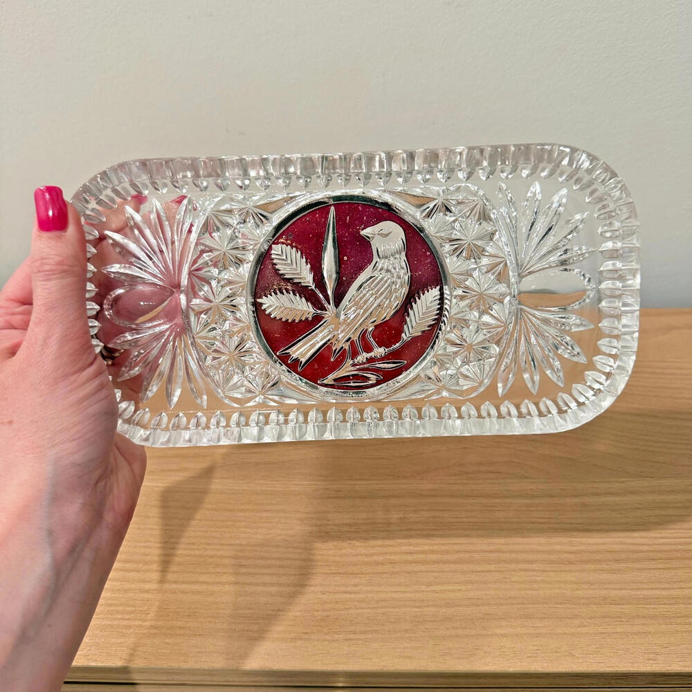 Vintage Hofbauer German Crystal Rectangular Tray Dish Byrdes Collection Red Bird